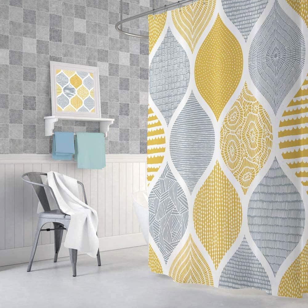 JAWO Bohemia Shower Curtain for Bathroom, Yellow and Grey Bohemian Chic Paisley Fabric Shower Curtains Set, Modern Geometric Pattern Restroom Decor Accessories with Hooks 72X84Inches