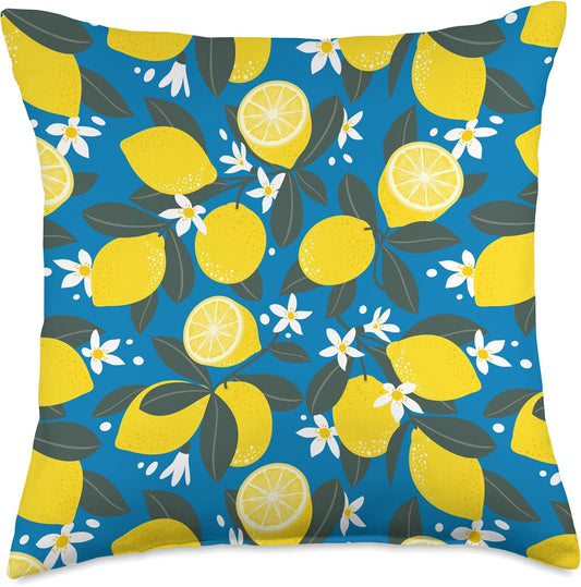 Summer by Vine Mercantile Bright Blue Amalfi Lemon Blossom Summer Citrus Fruit Pattern Throw Pillow, 18x18, Multicolor