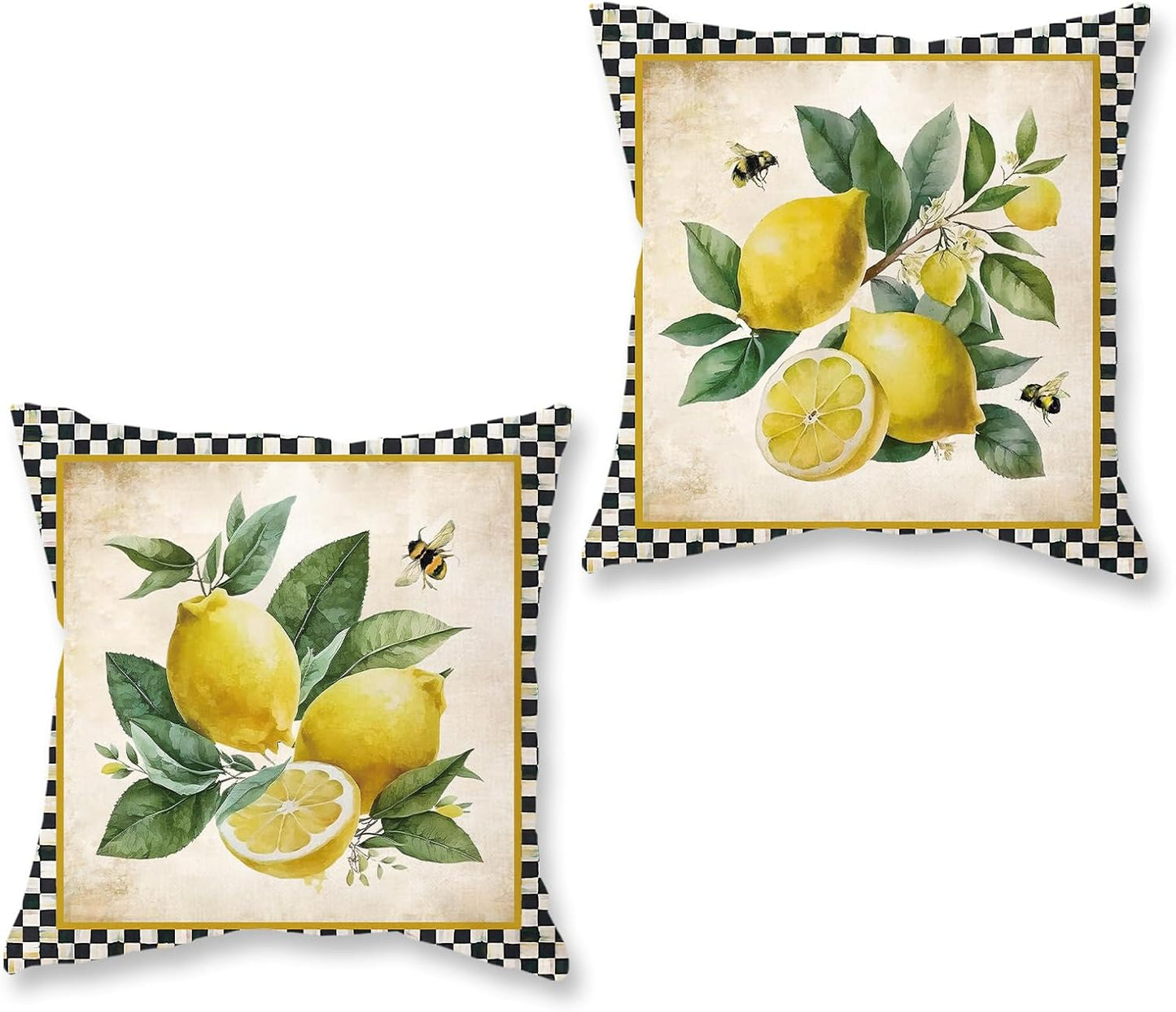 Summer Pillow Covers 18x18 Inch Set of 2 Lemon Decorative Black Plaid Throw Pillows Outdoor Porch Cushion Cases for Sofa Couch