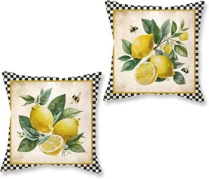 Summer Pillow Covers 18x18 Inch Set of 2 Lemon Decorative Black Plaid Throw Pillows Outdoor Porch Cushion Cases for Sofa Couch