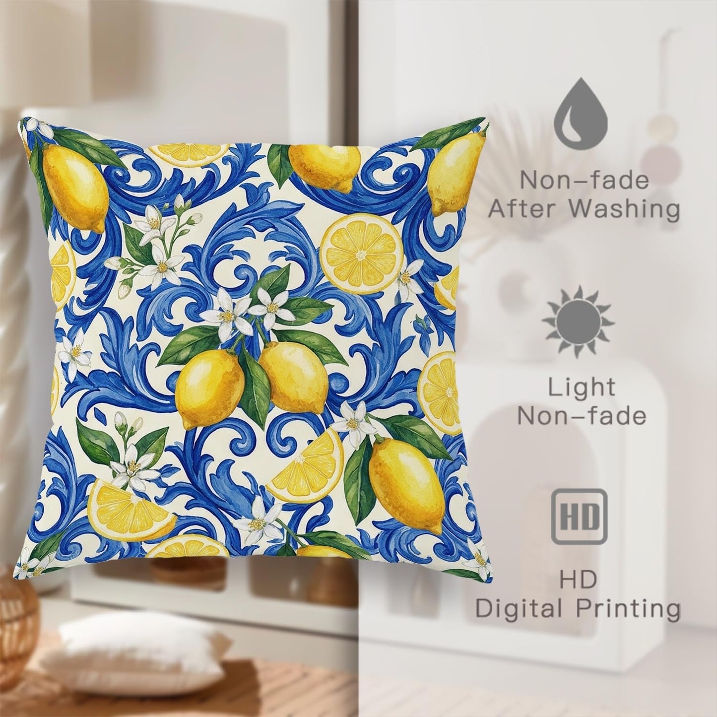 Lemon Throw Pillow Covers Set of 4, Mediterranean Traditional Floral Blue Swirls Summer Yellow Soft Velvet Washable Accents Pillows Cases for Home Bedroom Living Room Sofa Couch Decor 20x12 Inch