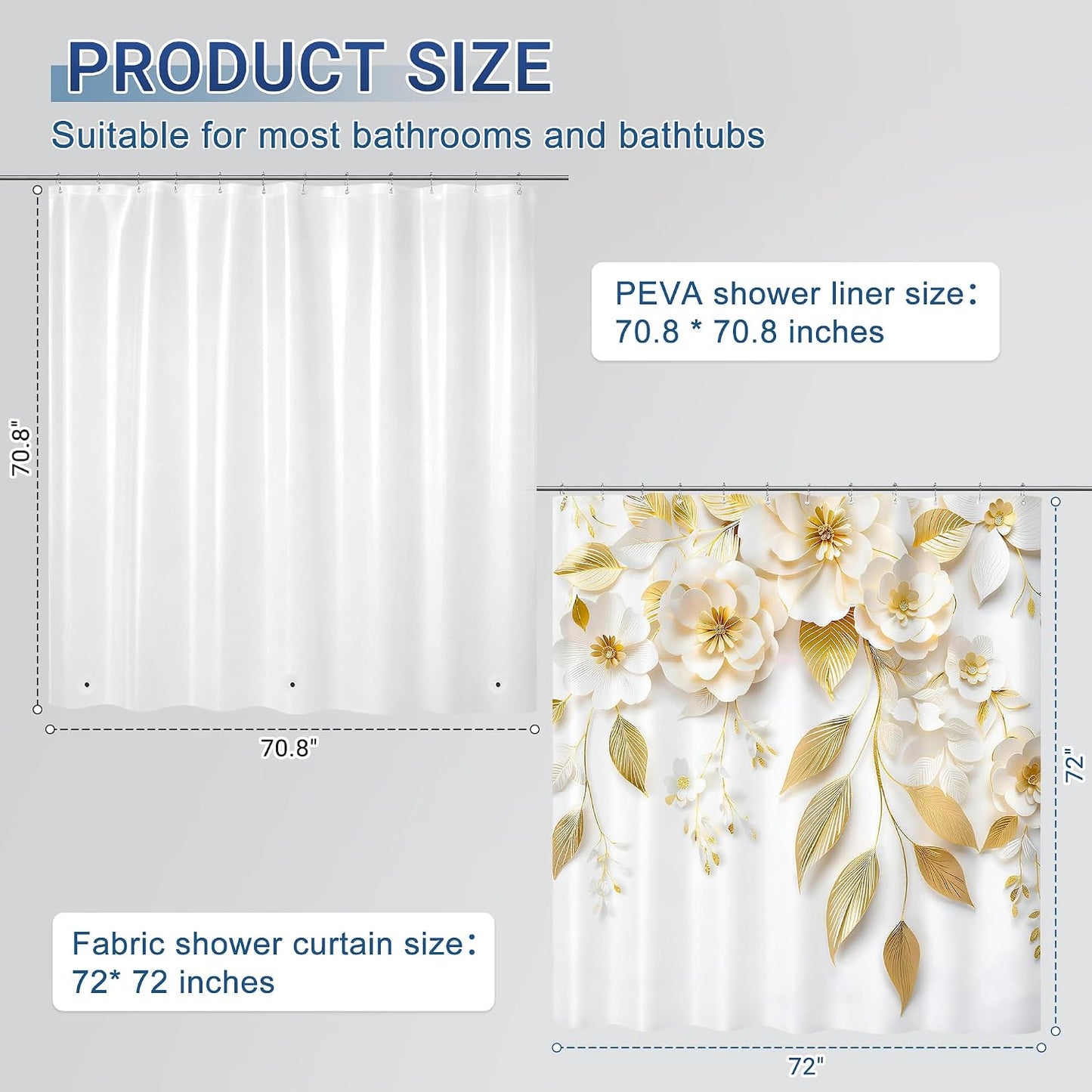 Chrainy 3 in 1 Golden Floral Double-Layer Shower Curtain Set, 72 * 72 in | Polyester Shower Curtain and PEVA Liner, 12 Stainless Steel Hooks, Waterproof Watercolor Bath Curtain for Bathroom Toilet