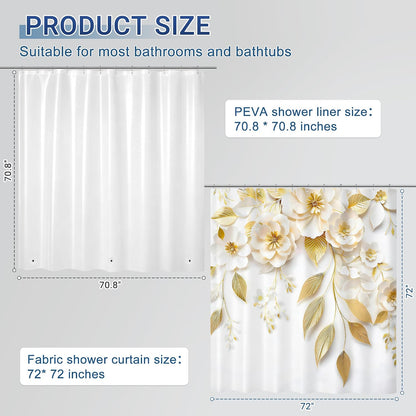 Chrainy 3 in 1 Golden Floral Double-Layer Shower Curtain Set, 72 * 72 in | Polyester Shower Curtain and PEVA Liner, 12 Stainless Steel Hooks, Waterproof Watercolor Bath Curtain for Bathroom Toilet