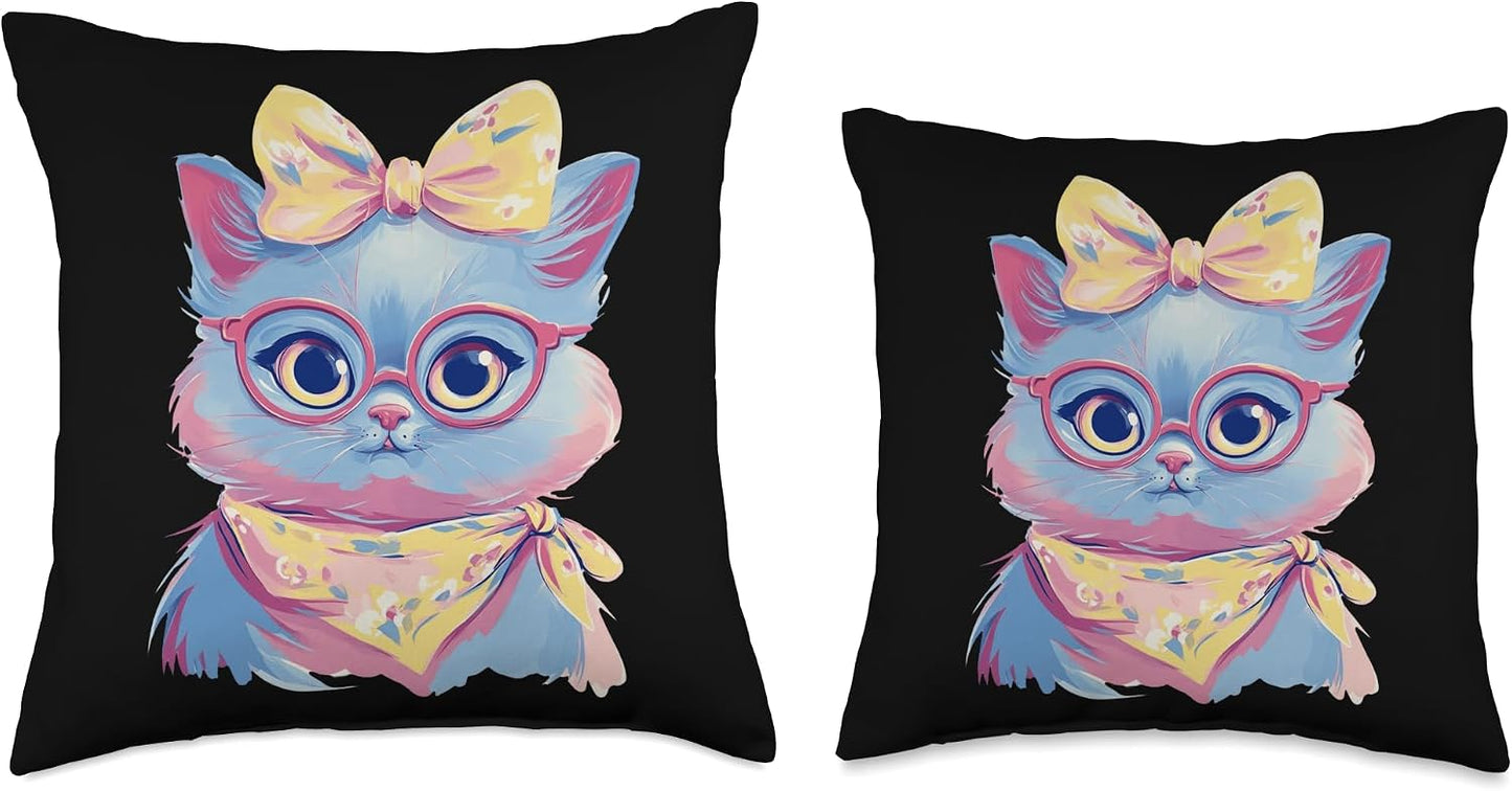 Blue Cat Portrait Cat Lover Graphic Pink Glasses Yellow Throw Pillow