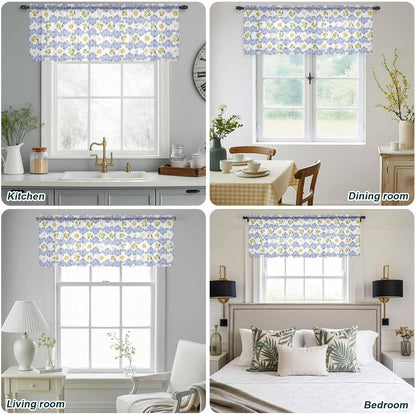 Sheer Window Valance Lemon Floral Semi Voile Short Curtain Rod Pocket Summer Fruit Blue Leaves Valances Window Treatment for Bedroom Living Room Kitchen 54x18in