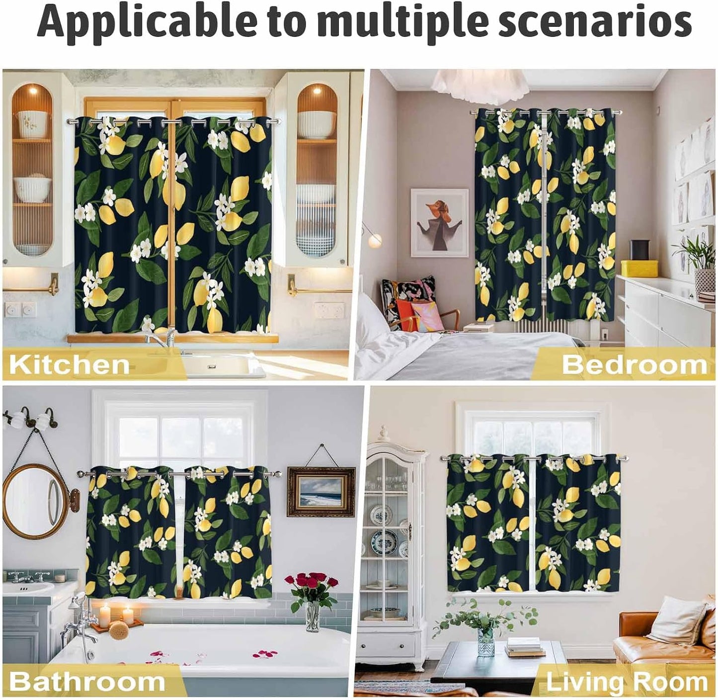 Lemons Yellow Summer Lemon Black Curtains for Bedroom and Living Room, Window Curtains Light Filtering Semi Sheer Window Drapes with Grommet (2 Panels, Each 52" W x 96" L)