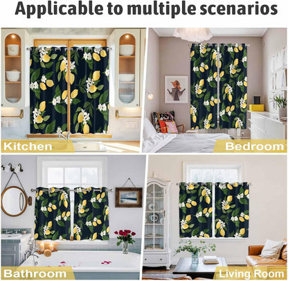 Lemons Yellow Summer Lemon Black Curtains for Bedroom and Living Room, Window Curtains Light Filtering Semi Sheer Window Drapes with Grommet (2 Panels, Each 52" W x 96" L)