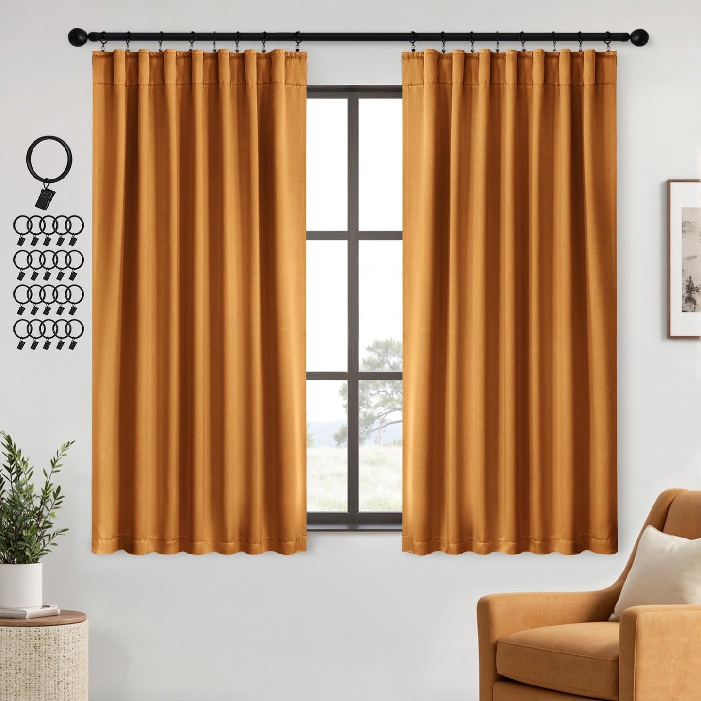 ANRODUO Rod Pocket and Back Tab Pleated Blackout Curtains Mustard Yellow Curtains 72 Inches Long 2 Panels, Thermal Insulated Room Darkening Living Room Bedroom Curtain, 42x72 Inches
