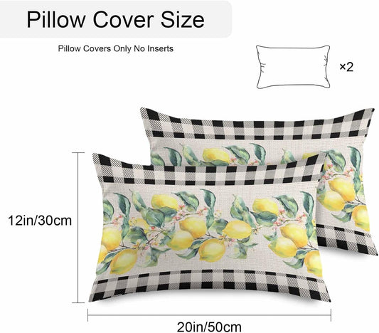 Waterproof Throw Pillow Covers Set of 2, 20x12 Inch Watercolor Lemon Fruit Pattern Retro Buffalo Plaid Check Decorative Pillowcases Outdoor Cushion Covers Set for Couch Tent