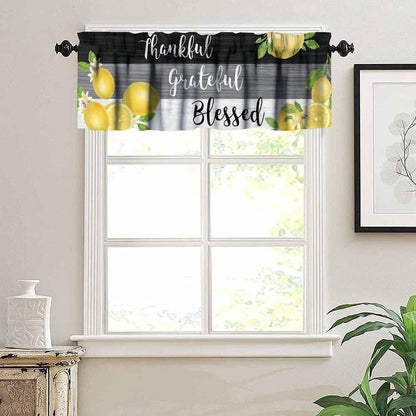 Lemon Fruit Kitchen Curtain Valance, Yellow Fruits Blessed Black Grey Wooden Farmhouse Rod Pocket Short Window Treatment for Dining Bedroom Living Room Cafe Home Decor, 54x18Inch