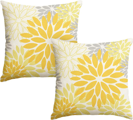 AVOIN colorlife Dahlia Flowers Yellow and Grey Summer Throw Pillow Covers, 18 x 18 Inch Living Room Outdoor Cushion Case Decoration for Sofa Couch Set of 2