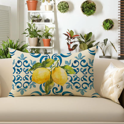 Blue Lemon Lumbar Decorative Throw Pillow Cover 12 x 20, Rectangular Amalfi Coast Citrus Italy Tile Pattern Outdoor Home Decor, Summer Mediterranean Couch Cushion Case Housewarming Gift