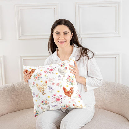 Manfei Chick Pattern Throw Pillow Cover Colorful Flowers Cushion Case Country-Style Pillow Cover for Living Room,Yellow Pinik Soft Pillowcases,22x22 Inches