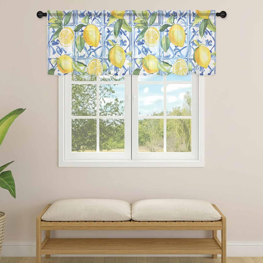 Farm Lemon Sheer Curtain 18 Inch Long Yellow Fruit Plant Vintage Blue Geometric Light Filtering Rod Pocket Voile Curtain Valance for Bedroom Kitchen Cafe Window 54" W x 18" L