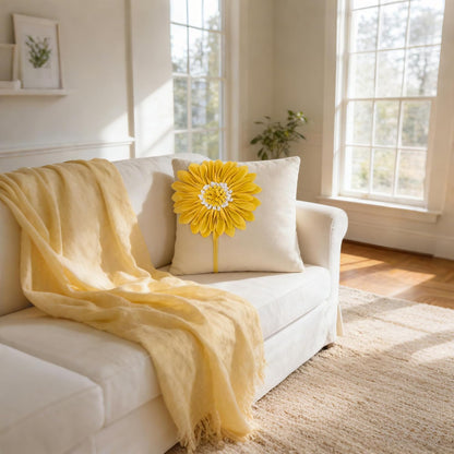 JWH Decorative Flower Throw Pillow Cover 3D Sunflower Pillow Case Velvet Cushion Floral Pillowcase for Bed Living Room Couch Chair 18x18 Inches Yellow Creamy White