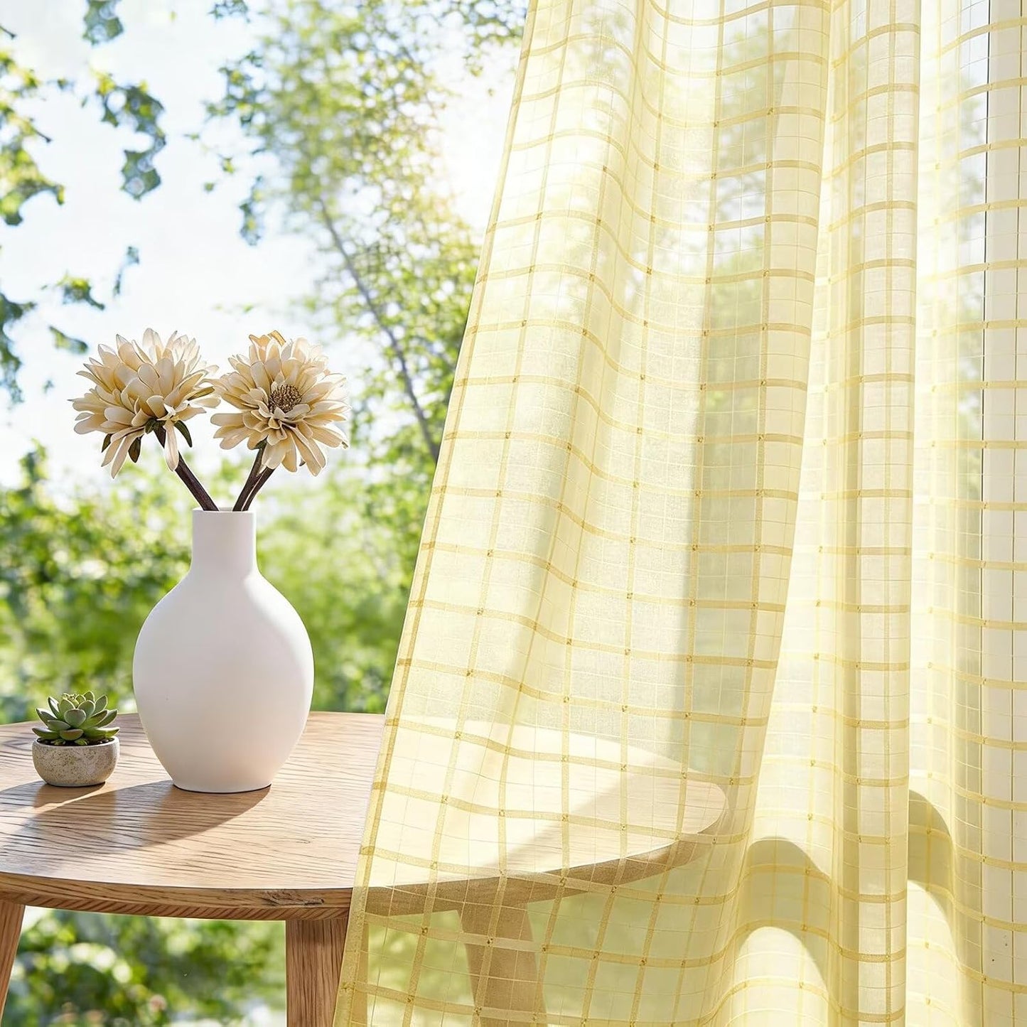 2 Panels Outdoor Sheer Curtains for Patio, Jacquard Check Curtains for Patio Waterproof, Indoor Outdoor Drapes for Gazebo Pergola Balcony Pool Spa (Yellow, 52 x 84 inch)