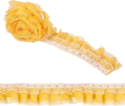 FASHEWELRY Yellow Ruffle Trim 2.2 Yards Organza Lace Trim 2 Inch Pleated Ribbon 2-Layer Fabric Trimming for Sewing Crafts Wedding Bridal Dress Appliques Headdress