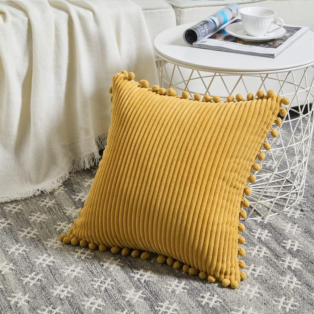 Fancy Homi Pack of 2 Mustard Yellow Fall Decorative Throw Pillow Covers 18x18 Inch with Pom-poms for Living Room Couch Bedroom, Soft Corduroy Solid Square Cushion Case 45x45 cm, Boho Home Decor