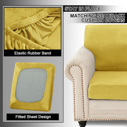 UNBBRRL 3 Pieces Couch Covers for Sofa, Stretch Velvet Armchair Slipcover with 1 Seat Cushion Cover and 1 Backrest Cover for Ektorp Settee Replacement (Lemon Yellow,1 Seater)