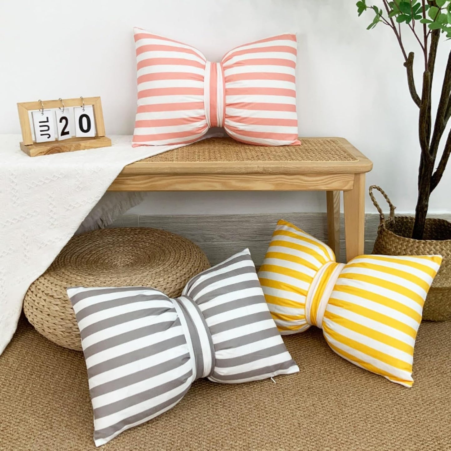 Stripe Velvet Bow Tie Decorative Throw Pillow Cover, Polka Dot Bowknot Lumbar Pillowcases for Home Decor (Yellow Stripe)