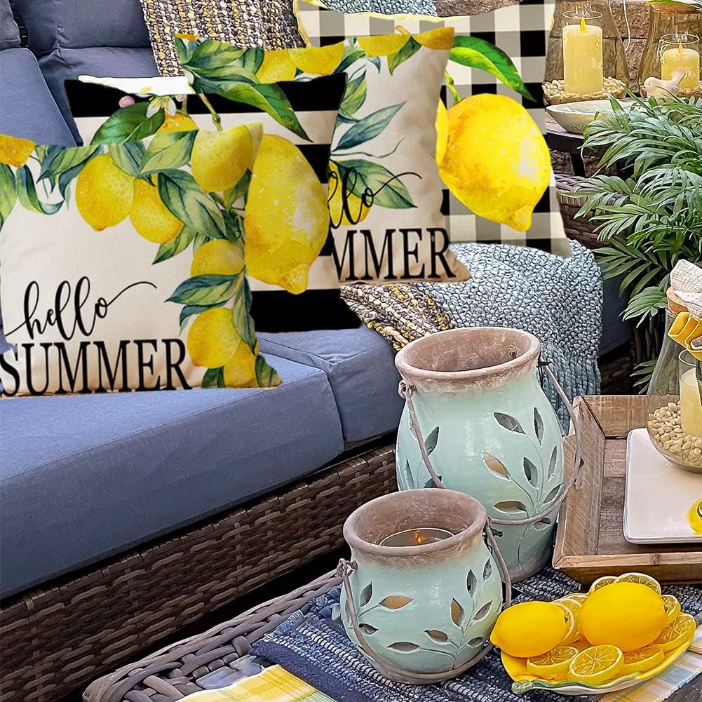 Ogiselestyle Watercolor Stripes Lemon Hello Summer Throw Pillow Cover, 18 x 18 Inch Buffalo Plaid Lemons Cushion Case for Sofa Couch Set of 4