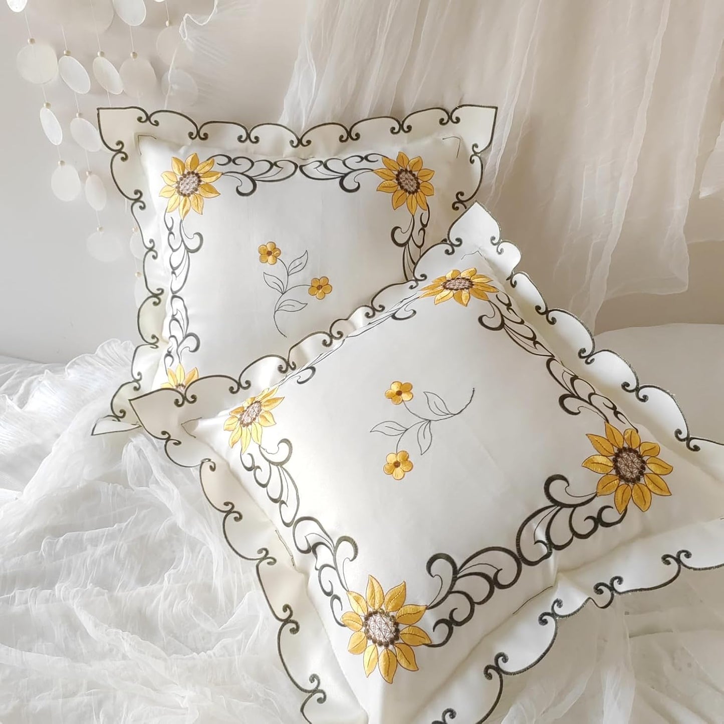 Sunflower Embroidery Throw Pillow Cover Yellow Floral Pillowcase Jacquard Ruffle Cushion Cover,French Shabby Vintage Design 18x18 Inch