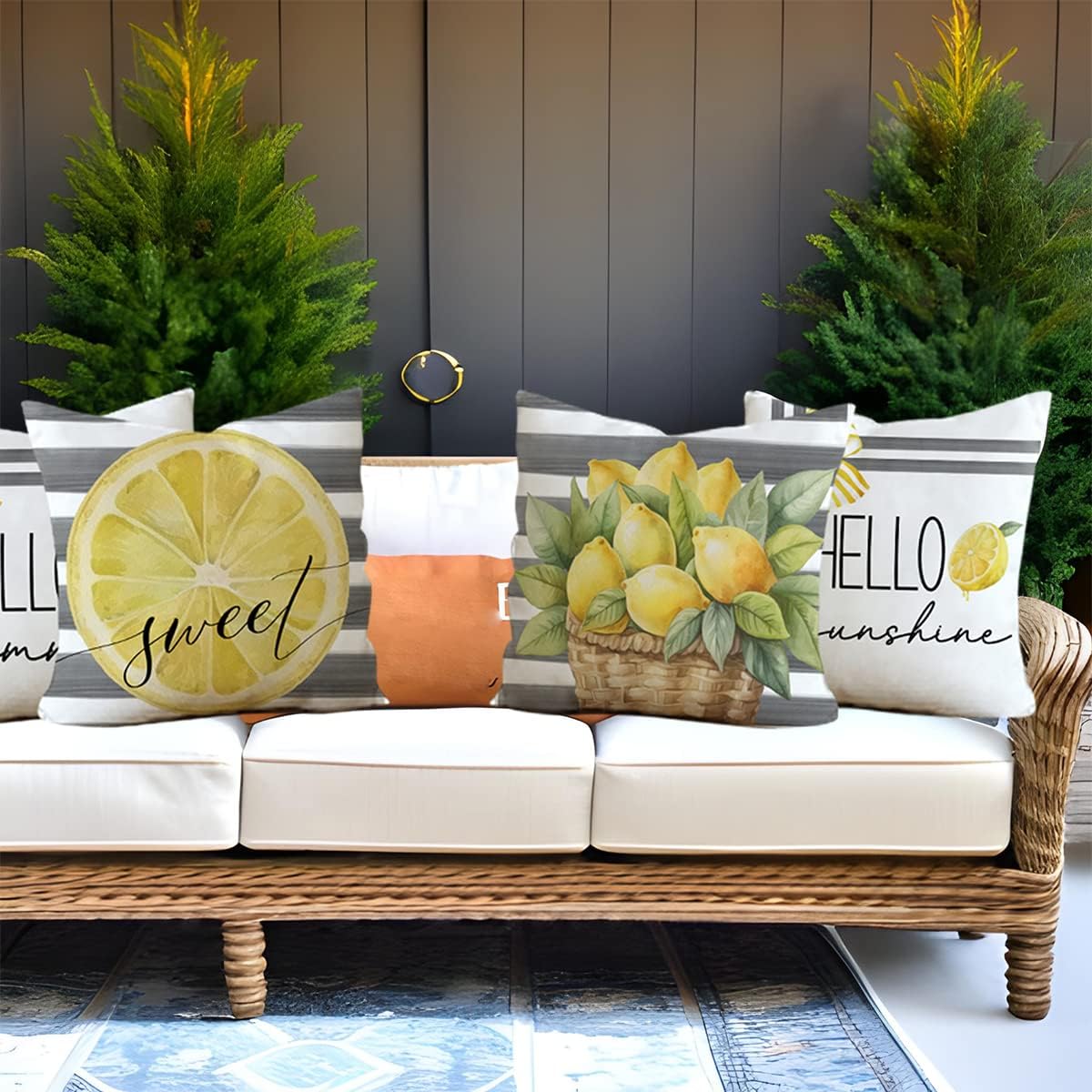 Pillow Covers 18x18 Set of 4 Grey Stripe Lemon Sweet Hello Sunshine Summer Throw Pillows Decorative Cushion Cases Summer Decorations Farmhouse Decor for Home Decor (18''x18'', Yellow)