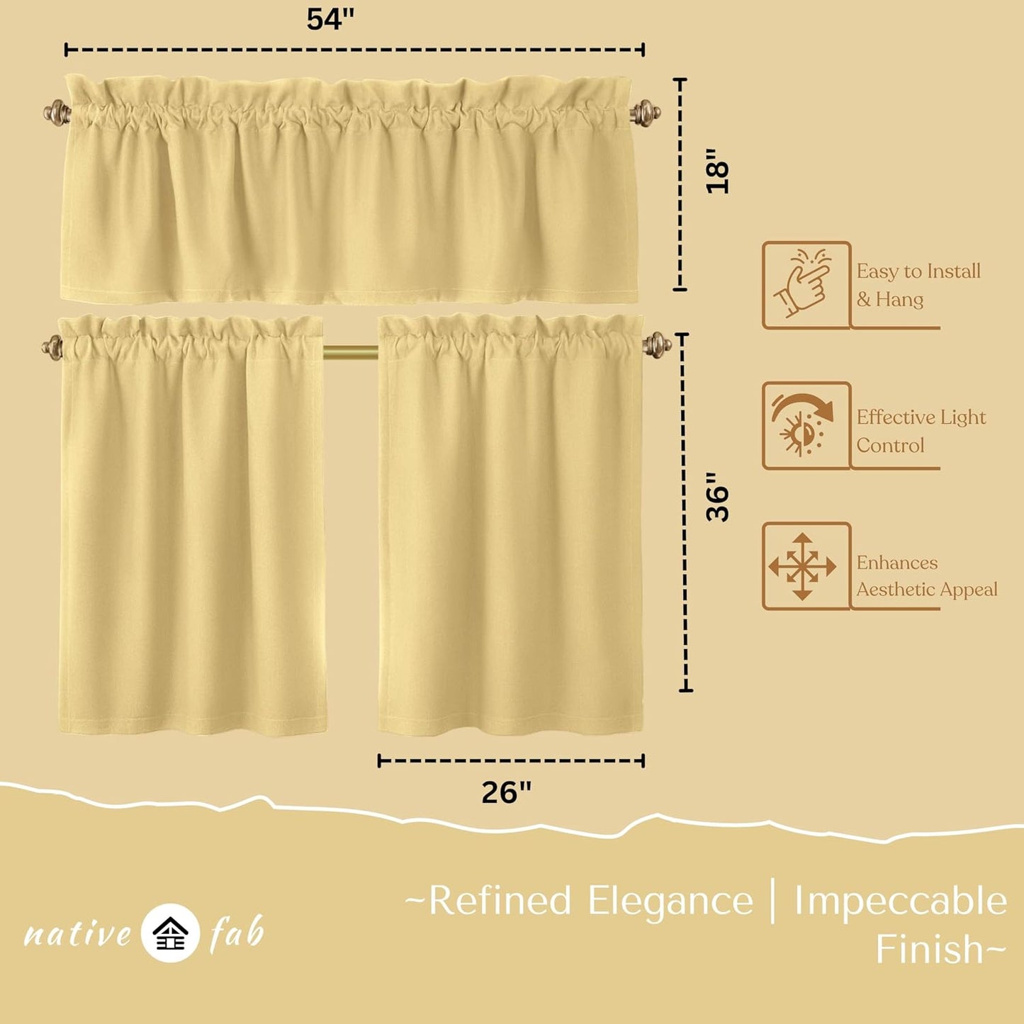 Native Fab 3 Piece Window Curtain Tiers 26"x36" and Valance 54"x18" Set - Rod Pocket - Semi Sheer - Short Curtain for Kitchen, Cafe, Living Room - Pale Yellow