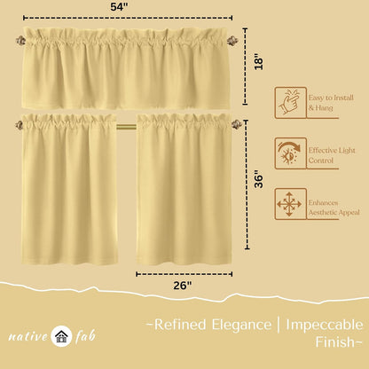 Native Fab 3 Piece Window Curtain Tiers 26"x36" and Valance 54"x18" Set - Rod Pocket - Semi Sheer - Short Curtain for Kitchen, Cafe, Living Room - Pale Yellow