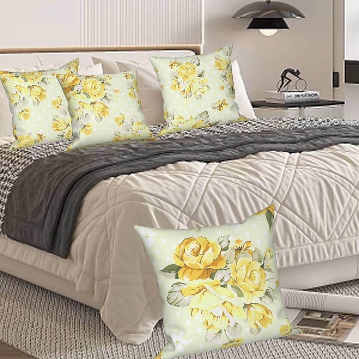 Light Yellow Flower Throw Pillow Covers 20"x20" Set of 4, Retro Floral Sofa Pillowcases for Chair Couch Bed Living Room Office Car Garden Patio Farmhouse Indoor Outdoor Decorative