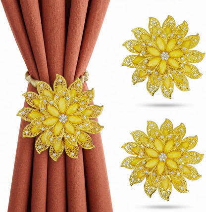 2 Pack Gold Yellow Flower Curtain Tiebacks Window Holdback Buckles | Tie Backs Holders Stretchable Wire Rope Amber Warm Accent Bright Elegant Toolless Clasp Flexible Loop Sheer Thick Panels
