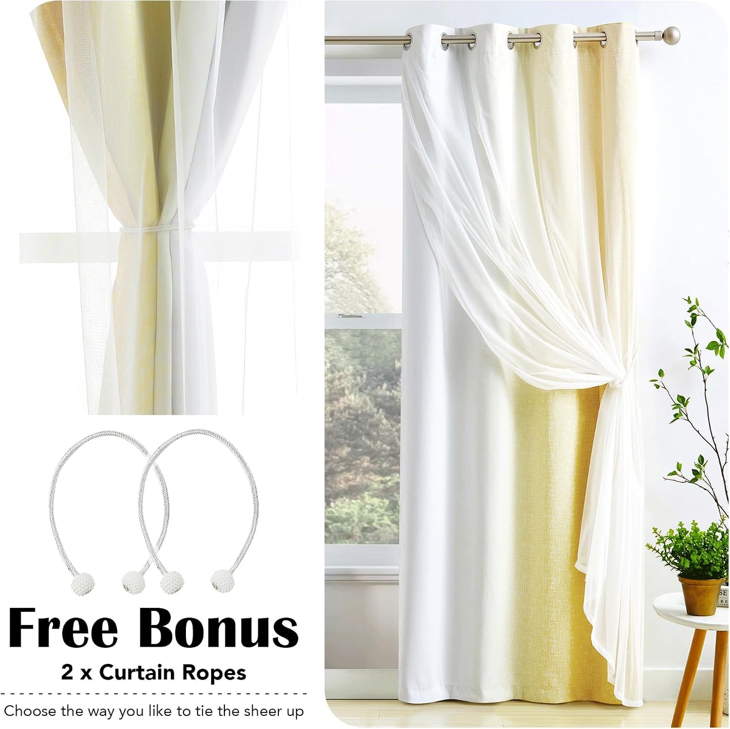 Ombre 100% Blackout Curtains 54 Inches Long 2 Panels for Bedroom Living Room Yellow and White Double Layer Sheer Overlay Mix & Match Grommet Thermal Soundproof Drapes with Tiebacks, 52x54