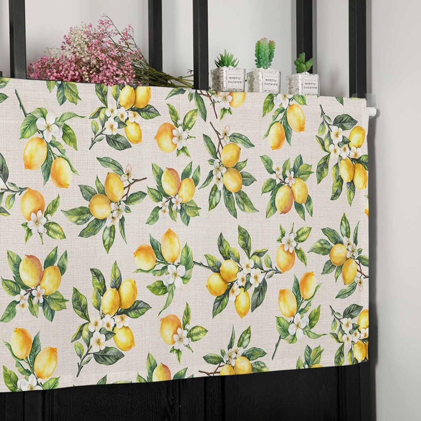 T&H XHome Lemon Valances for Windows Summer Fruit Lemon Flower Plant Linen Vintage Window Treatment Valances Rod Pocket Curtain Valance for Kitchen, Bathroom, Living Room, Bedroom 42" x 12"
