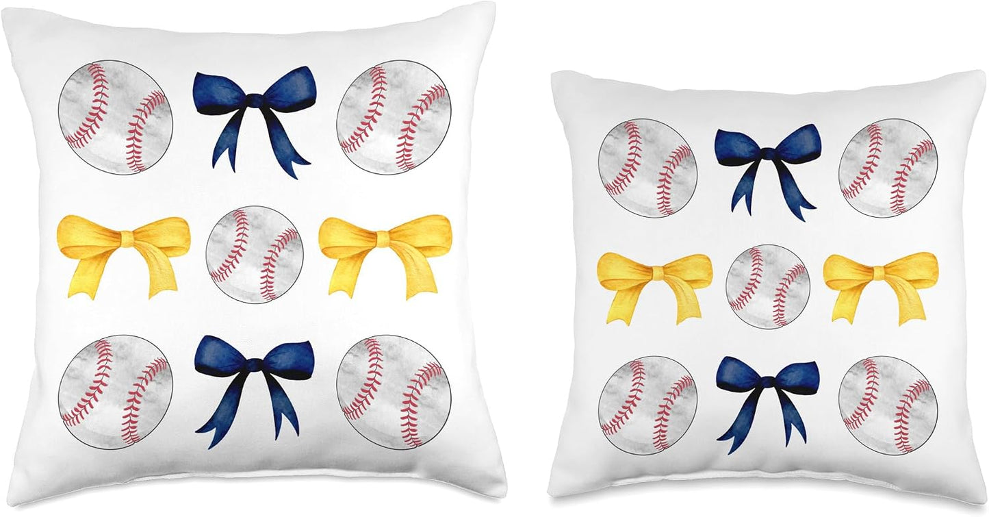Baseballs & Dark Blue Yellow Bows Tee Ball Mom School Pride Throw Pillow