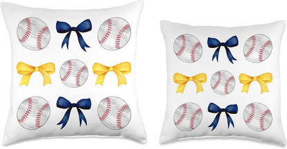 Baseballs & Dark Blue Yellow Bows Tee Ball Mom School Pride Throw Pillow