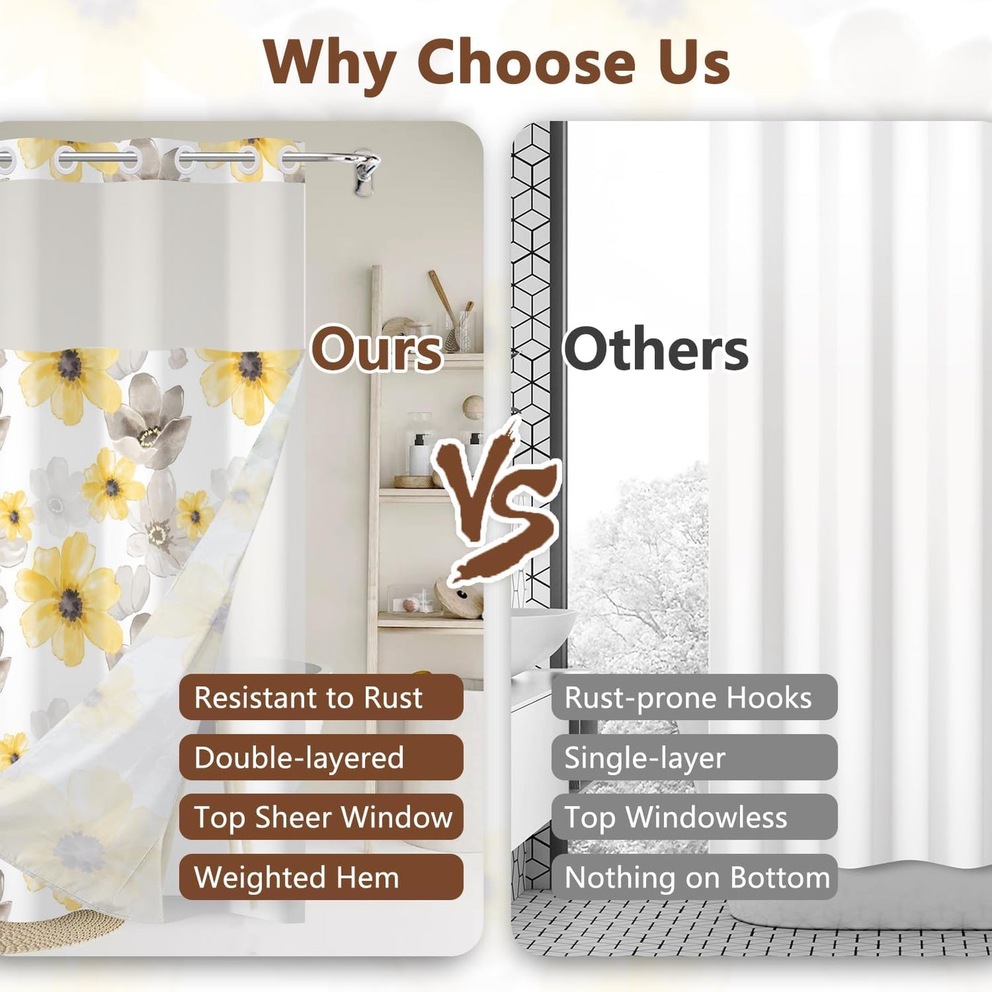 Yellow Gray Floral Shower Curtain with Snap in Liner, Waterproof Fabric No Hook Shower Curtain with See Through Window and Weighted Hem, Watercolor Flower Farmhouse Bathroom Curtains, 71x74 Inch