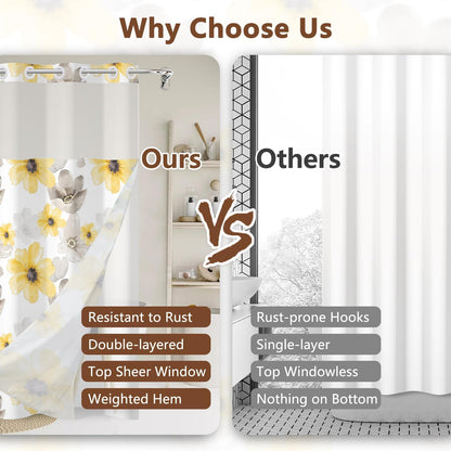 Yellow Gray Floral Shower Curtain with Snap in Liner, Waterproof Fabric No Hook Shower Curtain with See Through Window and Weighted Hem, Watercolor Flower Farmhouse Bathroom Curtains, 71x74 Inch