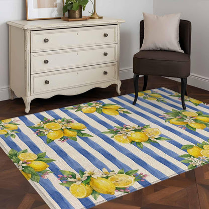 Summer Lemon Area Rug 3x5, Summer Lemon Floral Blue Stripes Linen Texture Non Slip Area Rugs for Living Room, Soft Floor Mat Washable Low Pile Carpet for Bedroom, Dining Room, Entryway