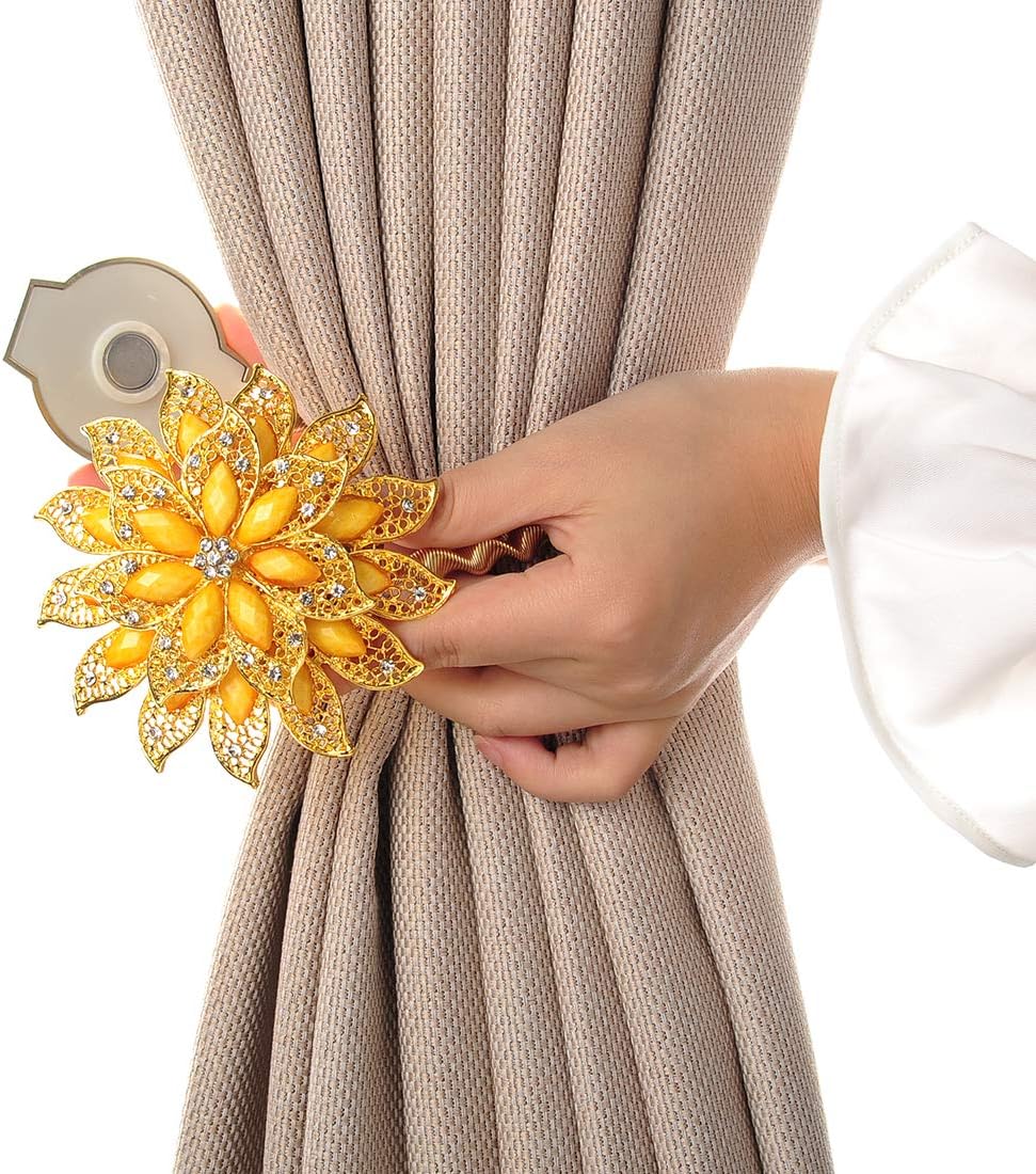 SUQ I OME Classic Luxury Big Crystal Magnetic Curtain Tieback and Holdback Flower Curtain Clips Buckle Curtain Holder Curtain Holdbacks(Gold+Yellow,2PCS)