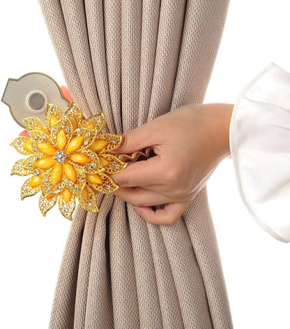 SUQ I OME Classic Luxury Big Crystal Magnetic Curtain Tieback and Holdback Flower Curtain Clips Buckle Curtain Holder Curtain Holdbacks(Gold+Yellow,2PCS)