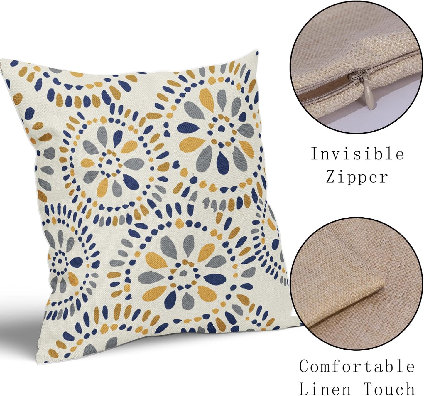 Blue and Yellow Throw Pillow Covers 18x18 Set of 2 Navy Yellow Grey Gray Boho Geometric Flower Pattern Print Decorative Pillowcases Farmhouse Outdoor Square Cushion Cases Decor for Sofa Bed Couch