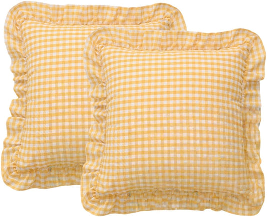 MOJUN Yellow White Plaid Ruffle Throw Pillow Covers18x18 Set of 2, Farmhouse Rustic Vintage Square Checkered Ruffles Pillow Cushion Cases with Ruffles for Sofa Bed Living Room Pillowcase Decoration