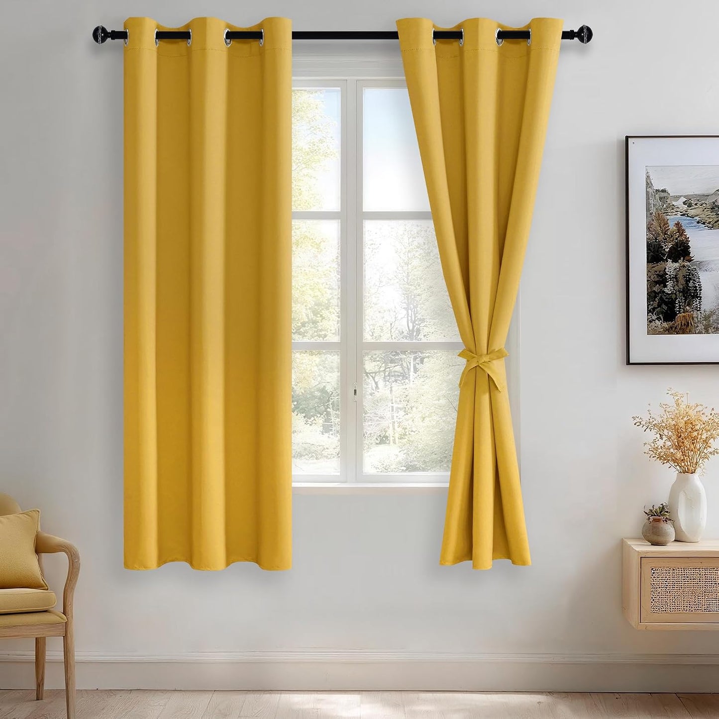 JIUZHEN Blackout Curtains with Tiebacks - Thermal Insulated, Light Blocking and Noise Reducing Grommet Curtain Drapes for Bedroom and Living Room, Set of 2 Panels, Yellow, 42 x 63 Inch Length
