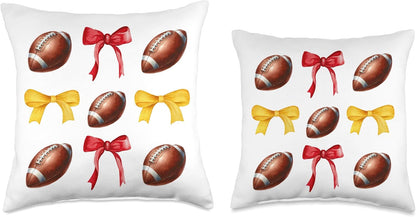 Footballs & Red & Yellow Gold Bows Girls Football Season Throw Pillow