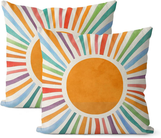 Summer Pillow Covers 16x16 Set of 2, Boho Sun Throw Pillows Stripes Yellow Blue Orange Sunshine Decorations Watercolor Rainbow Pillowcase Linen Boho Outdoor Decor Cushion Case for Home Sofa