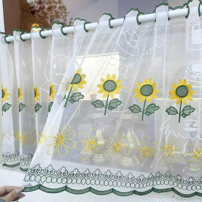 2 Panels Sunflower Lace Sheer Kitchen Curtains 24 Inch Length Spring Embroidered Tier Curtain Farmhouse Rod Pocket Light Filtering Cafe Curtains for Living Room Bedroom (Yellow,39"x24")