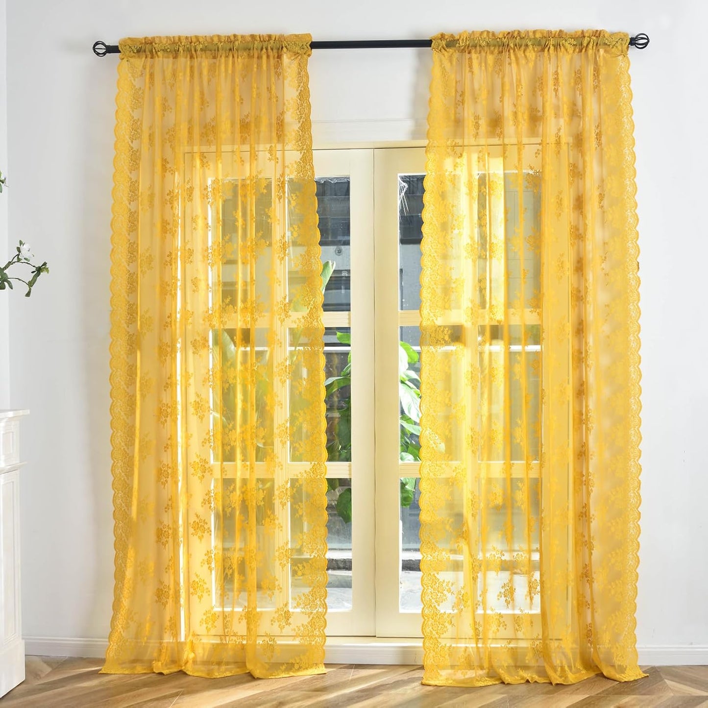 Kotile Mustard Yellow Sheer Curtains 63 Inch Length 2 Panels Set, Country Rustic Floral Retro Gold Lace Curtains for Bedroom, Rod Pocket Light-Filtering Privacy Boho Window Curtain Drapes, 52x63 Inch
