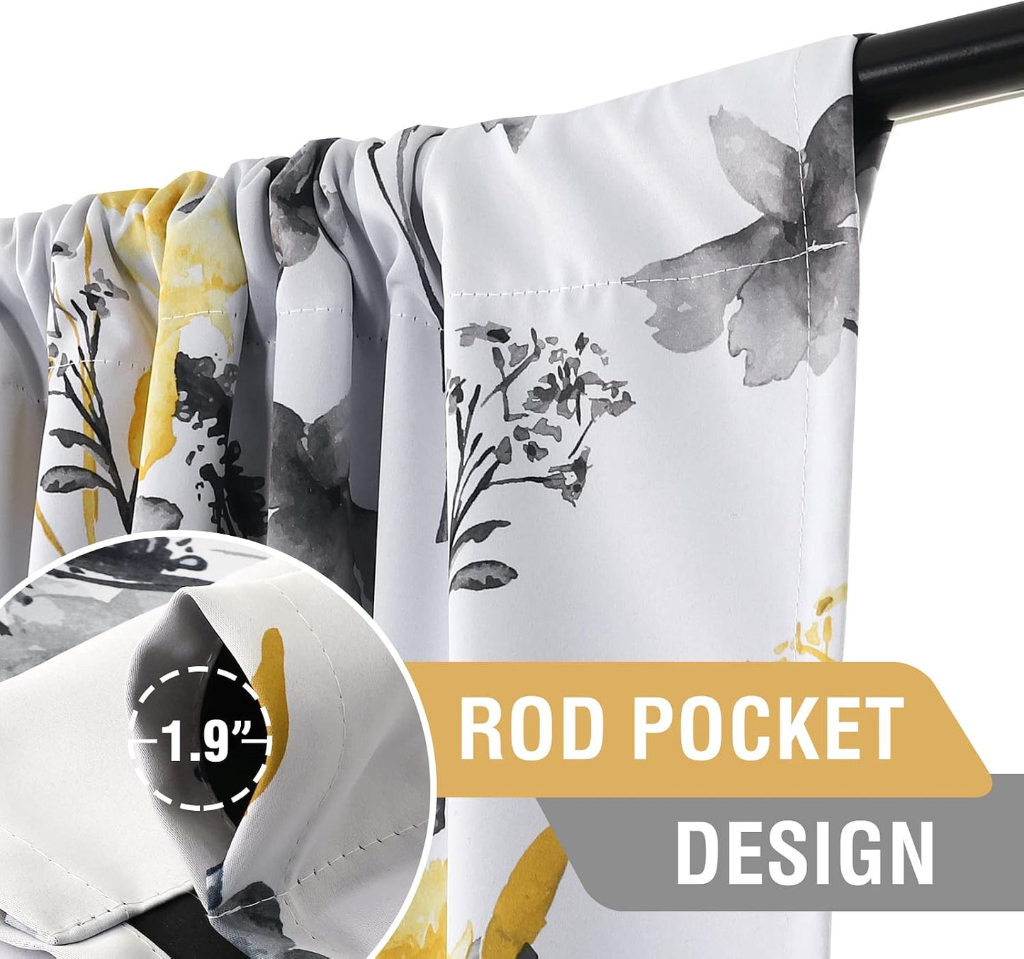 H.VERSAILTEX 100% Blackout Curtains for Bedroom Cattleya Floral Printed Drapes 84 Inches Long Leah Floral Pattern Full Light Blocking Drapes with Black Liner Rod Pocket 2 Panels, Grey/Yellow