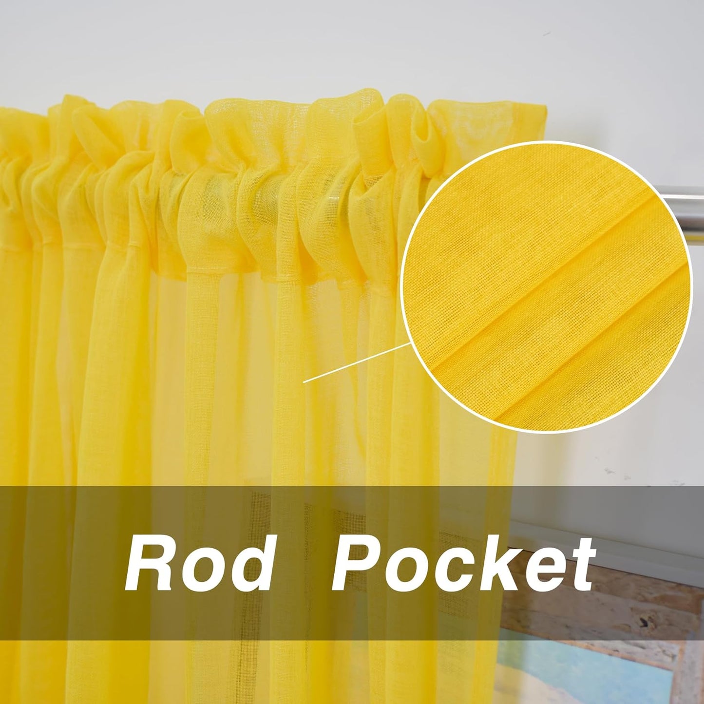 Yellow Sheer Curtains 90 inches Long Sheers Living Room Voile Bedroom Kitchen Basement Linen Textured Window Curtain Panels Drapes Light Filtering Rod Pocket 2 Panels 52"x90"