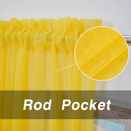 Yellow Sheer Curtains 90 inches Long Sheers Living Room Voile Bedroom Kitchen Basement Linen Textured Window Curtain Panels Drapes Light Filtering Rod Pocket 2 Panels 52"x90"